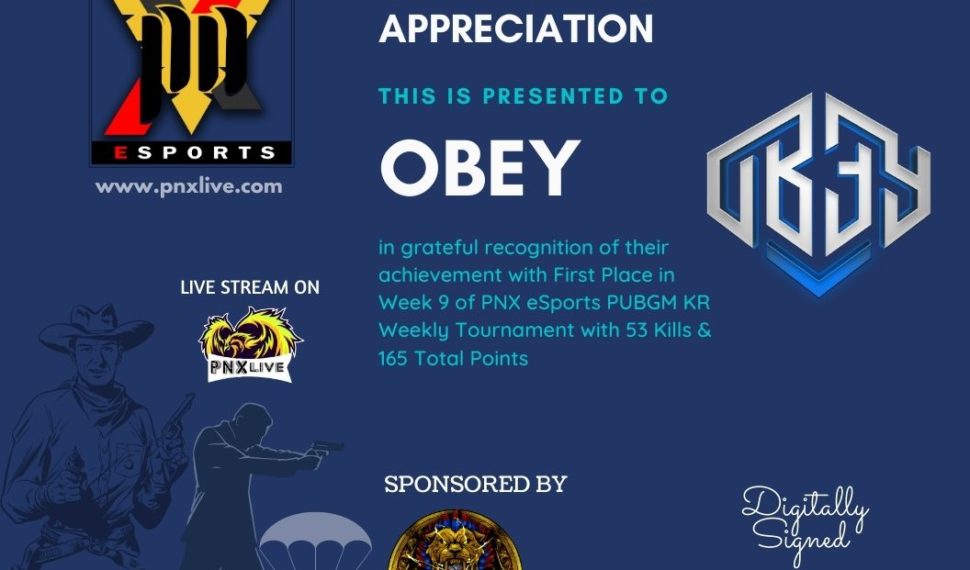 PNX eSports Weekly Tournament #9 Certificates
