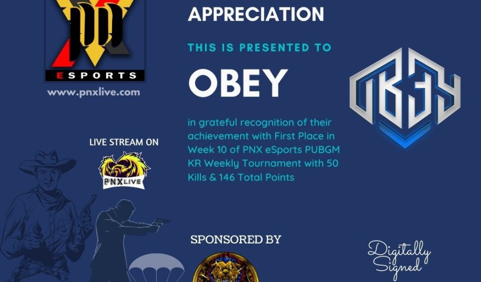 PNX eSports Weekly Tournament #10 Certificates